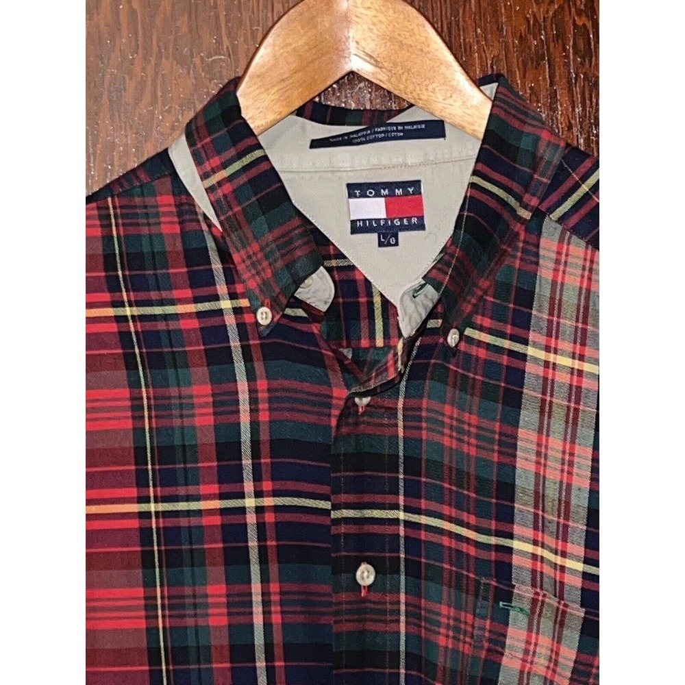 VTG TOMMY HILFIGER SHIRT RED BLUE GREEN LT WEIGHT FLANNEL PLAID LARGE L